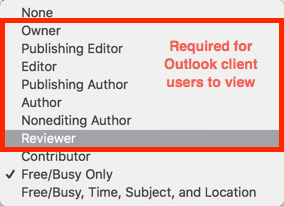 Outlook client users must be granted (from least access to most): Reviewer, Nonediting Author, Author, Publishing Author, Editor, Publishing Editor, or Owner access to the shared calendar